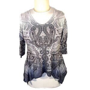 One World - Women's L Blouse Grey White Sublimation V-Neck Sharkbite Hem 3/4 Slv